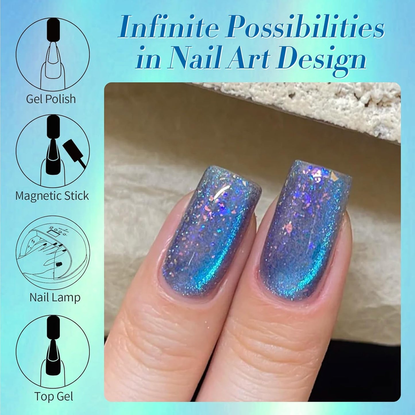 BORN PRETTY Blue Cat Magnetic Eye Gel Nail Polish Shimmer Glitter Holographic Aurora Blue Magnetic Gel Polish Nail Art Manicure DIY at Home 15ML-Velvo Beauty
