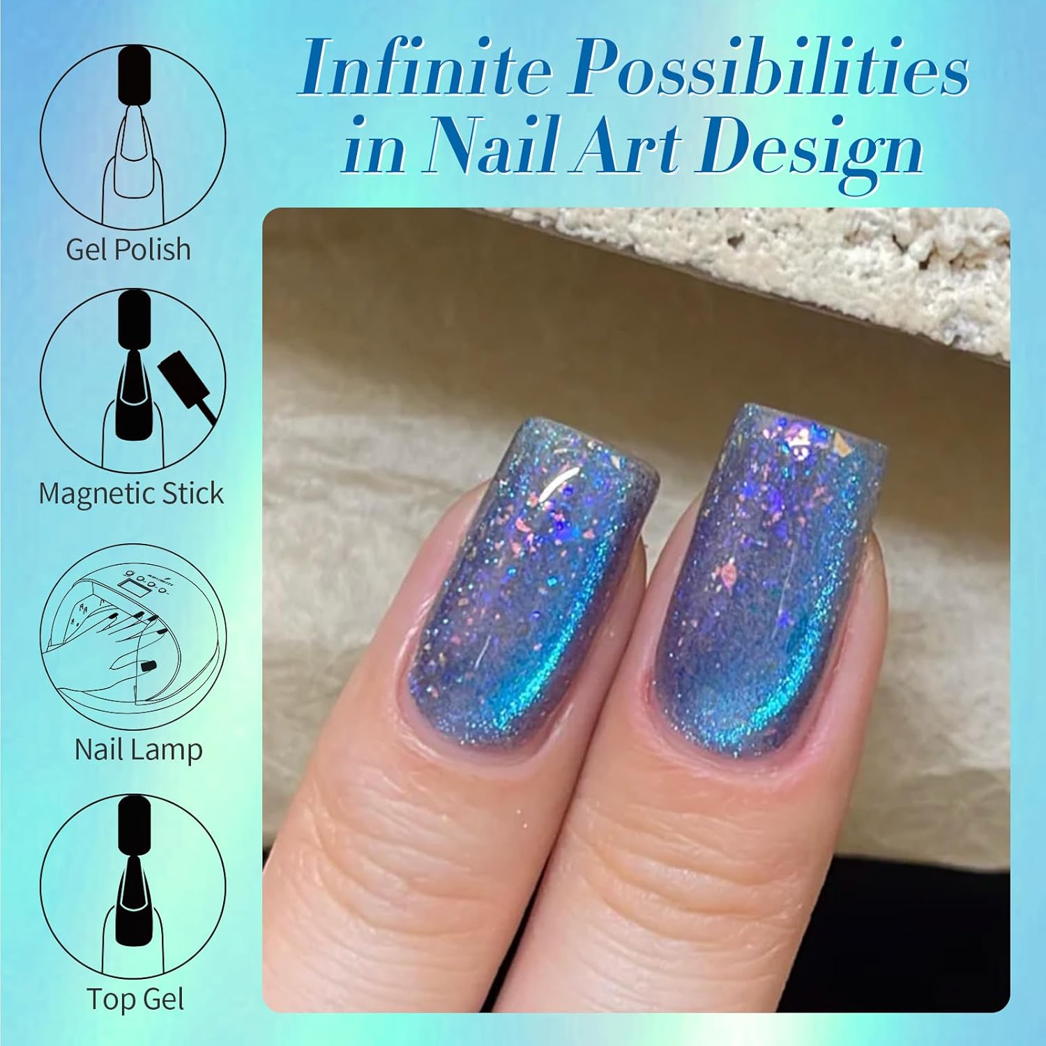 BORN PRETTY Blue Cat Magnetic Eye Gel Nail Polish Shimmer Glitter Holographic Aurora Blue Magnetic Gel Polish Nail Art Manicure DIY at Home 15ML-Velvo Beauty