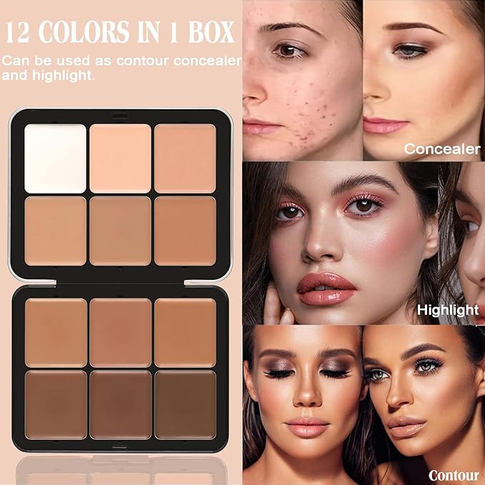 Cream Concealer Contour Palette, 12 Colors Foundation Palette Cream Makeup Palette with 11 Pcs Makeup Brush Set, Long Wearing Blendable Full Coverage-Velvo Beauty