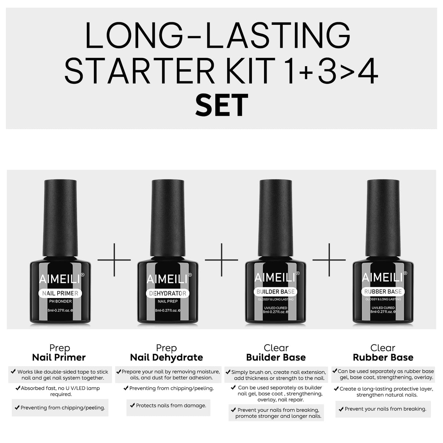 AIMEILI Gel Nail Polish 4pcs, Hema Free, Cruelty Free, Vegan, U V LED Nail Art - Nail Dehydrator Primer, Builder Nail Gel, Rubber Base-Velvo Beauty