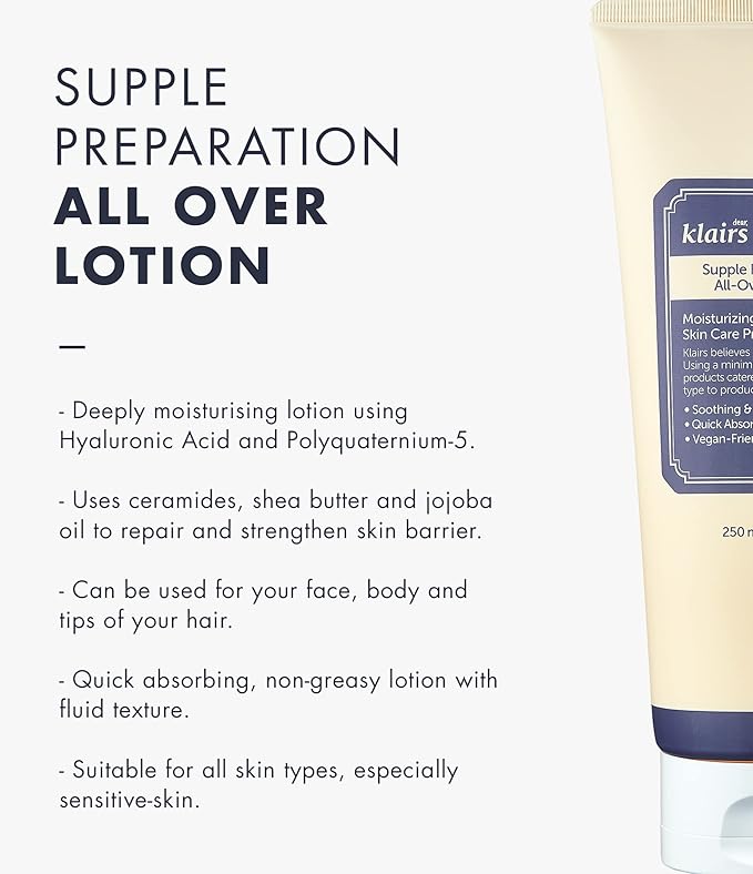 DearKlairs] Supple Preparation All-over lotion, Daily face and body moisturizer, for sensitive skin, Essential oil Free, Artificial fragrance free,250ml, 8.45oz-Velvo Beauty