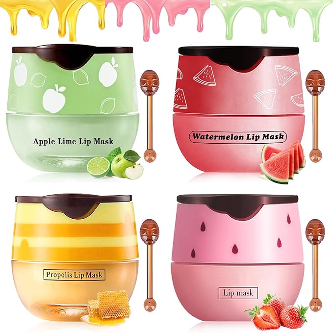 4 PCS Bee Lip Balm Lip Mask Honey Pot, Honey & Strawberry & Watermelon & Apple Lime Lip Mask Overnight Propolis Moisturizing Lip Balm with Stick, Hydrating Lip Sleeping Mask Prevention Dry & Cracked-Velvo Beauty