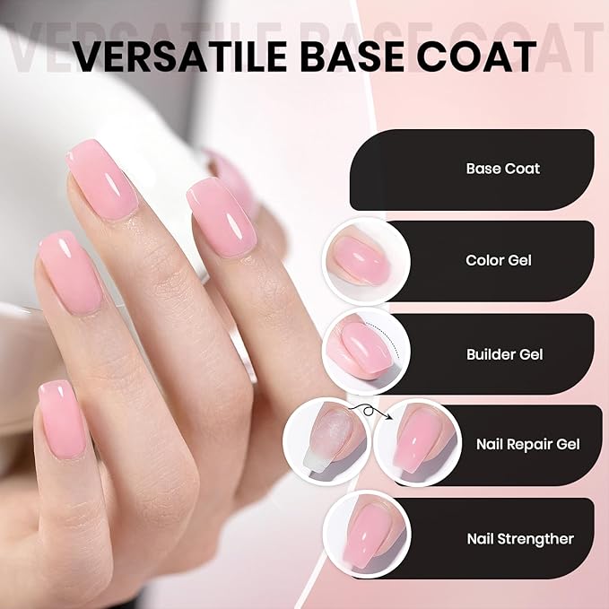 RARJSM Nude Sheer Pink Fiber Glass Rubber Base Gel Nail Polish for Repair Broken Nails StrengthenerGel Base Coat Transparent Brush on Building Gel in a Bottle Soak Off UV LED Curing Requires 15ml-Velvo Beauty