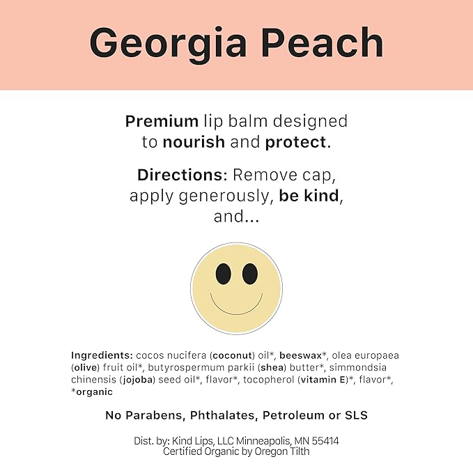 Kind Lips Lip Balm - Nourishing & Moisturizing Lip Care with Shea Butter, Beeswax & Vitamin E | Georgia Peach Flavor | 0.15 Oz (Pack of 5)-Velvo Beauty