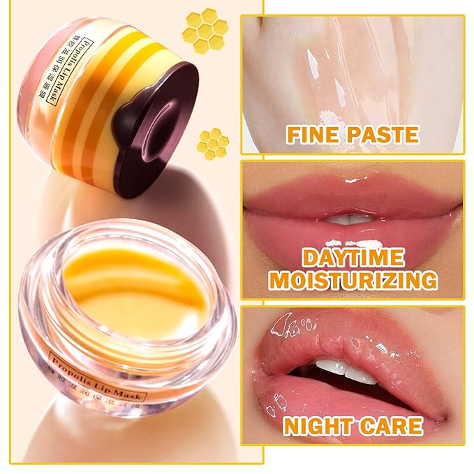 Lip Balm Honey Pot,Moisturizing Lip Balm Reduces Lip Lines,Propolis Honey Pot Lip Balm Hydrating Prevention Dry and Cracked Lip Scrubs Exfoliator,Exfoliating Lip Sleeping Mask with Brush-Velvo Beauty