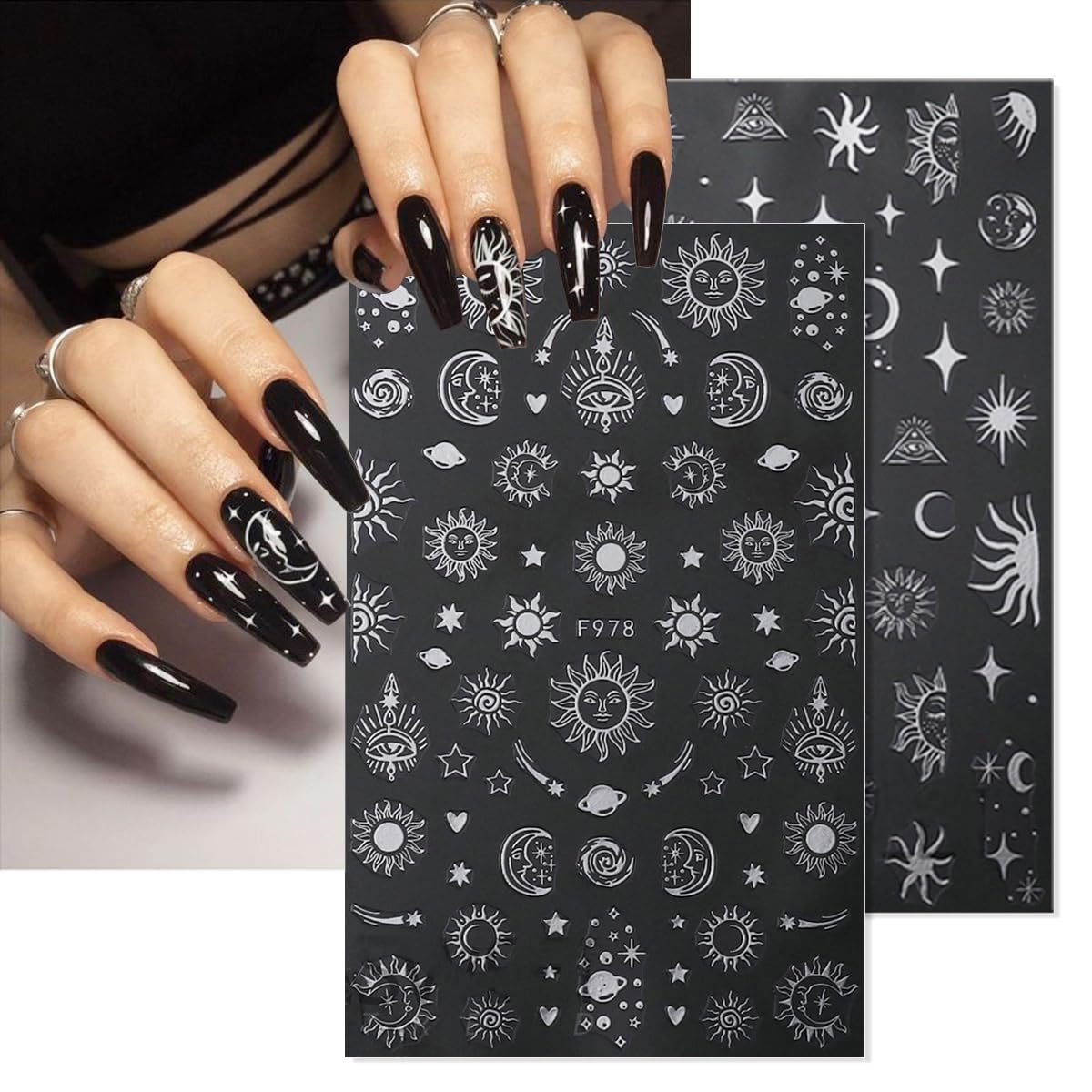 8 Sheets Metallic Nail Art Stickers Decals Silver Moon Star Sun Nail Stickers Eye Snake Nail Decals 3D Self-Adhesive Luxury Nail Art Design Stickers for Women Girls DIY Manicure Decoration Accessories-Velvo Beauty