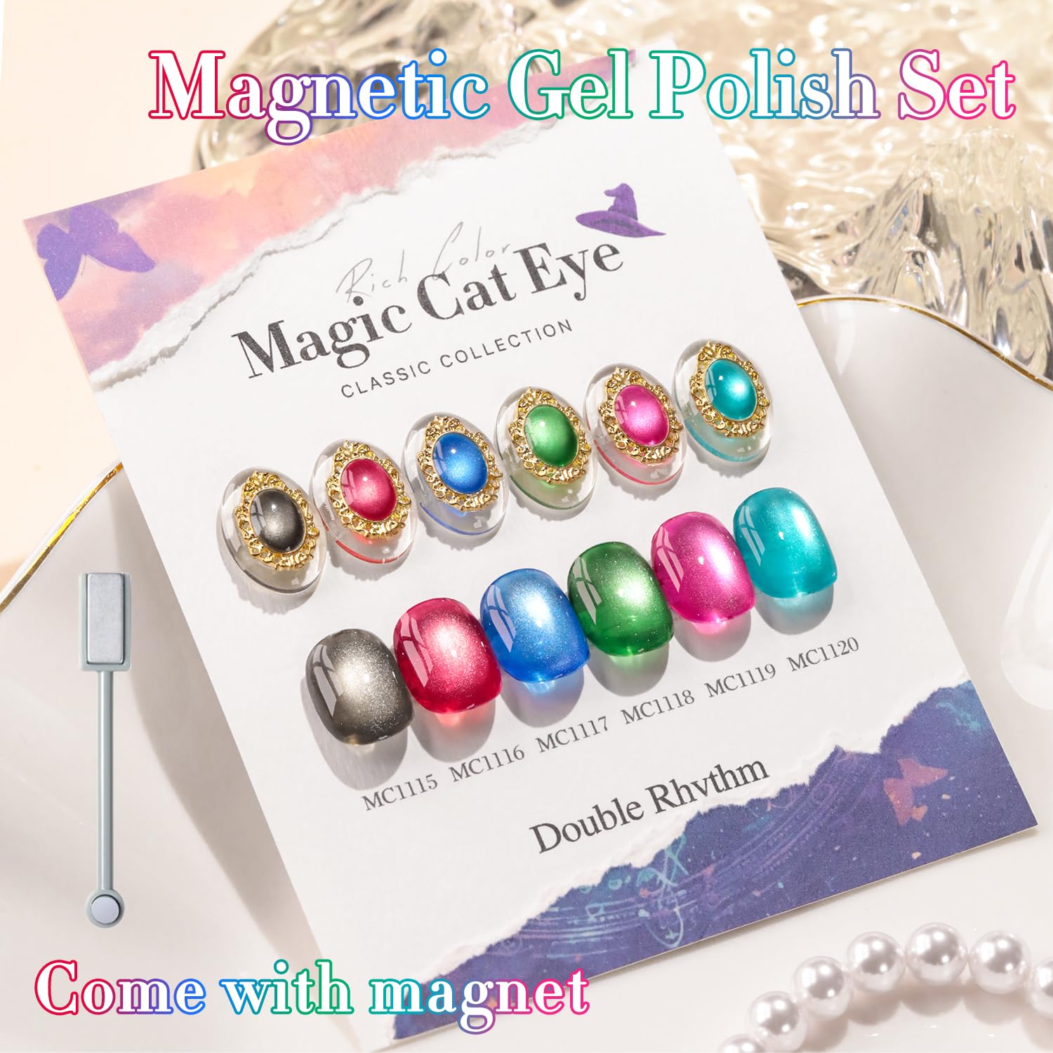 Double Rhythm Cat Eye Gel Polish Set 6 Colors Shimmer Glitter with Magnet Holographic Reflective Magnetic UV Gel Polish Art Kit (Black Burgundy Green Navy 6-Kit 41)-Velvo Beauty