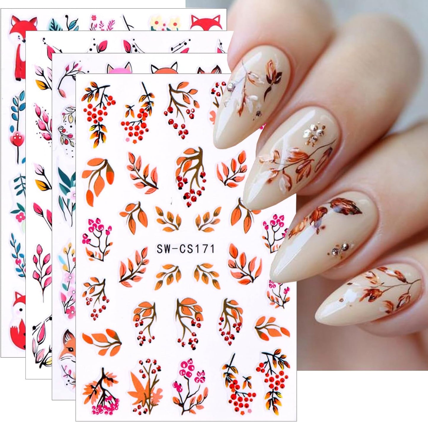 4pcs Fall Nail Stickers for Nail Art, 3D Autumn Fox Leaves Flowers Nail Decals Thanksgiving Leaf Pattern 3D Self-Adhesive Nails Sliders Fall Sticker for Nails Decoration DIY Manicure Accessories-Velvo Beauty