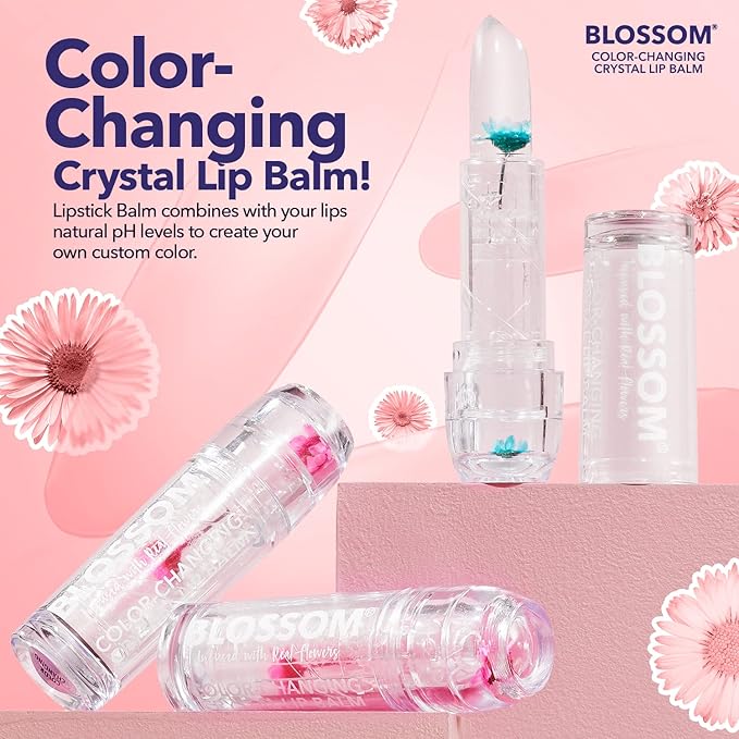 Blossom Moisturizing Custom Color Changing Crystal Lip Balm, Strawberry Scented, Lip Stain Tint, Infused with Real Flowers, 3g, Turquoise-Velvo Beauty