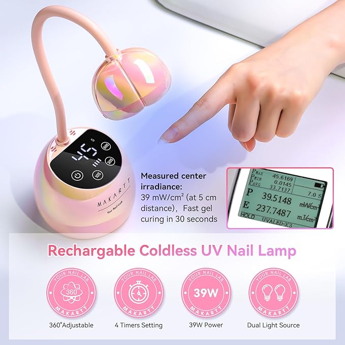 Makartt UV LED Nail Lamp - Gooseneck UV Light for Nails Cordless Rechargeable USB 39W Dryer LED Lamp with Auto Sensor 4 Timer Settings Fast Curing for Nail Art Polish (Glazed Pink)-Velvo Beauty