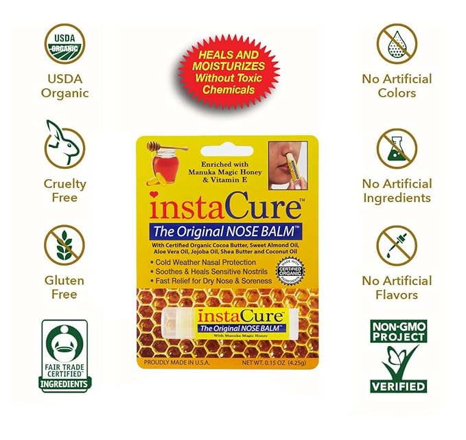InstaCure Original Nose Balm With Raw Manuka Honey Vitamin E Shea Butter Aloe Vera Oil And Vanilla Mint Ultra-Moisturizing Max Repair/Protective Lip Balm - Fast Relief for Dry Nose & Soreness (3 Pack)-Velvo Beauty