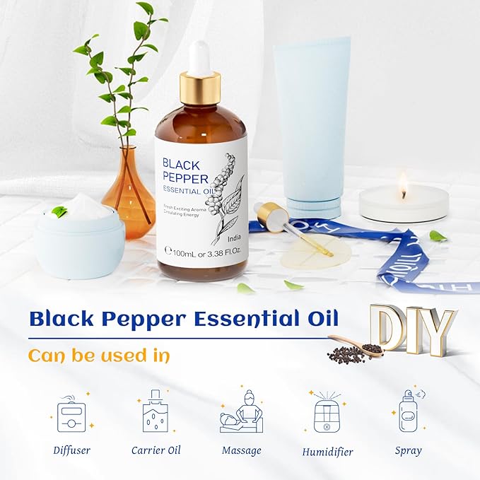 HIQILI Black Pepper Essential Oil for Aromatherapy & Diffuser - Natural Spicy & Warming Scent - Therapeutic Grade - 3.38 Fl Oz-Velvo Beauty