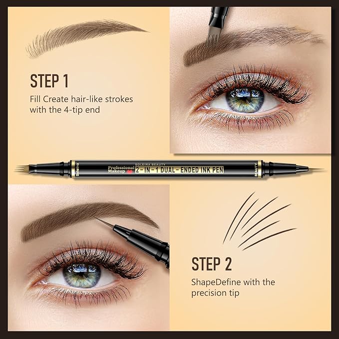 Eyebrow Pen, Soleira Waterproof Eyebrow Pencil with 4 Tip Microblading Eyebrow Pen and Dual-ended Eyebrow Brush, for Natural-Looking Brows, Long-Lasting, Ash Brown-Velvo Beauty
