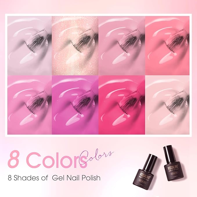 ROSALIND Pink Gel Polish, 8 Colors Hot Pink Light Pink Neon Pink Gel Nail Polish Set Pink Shades Pink Valentine Gel Polish Collection Nail Art Gift DIY at Home-Velvo Beauty