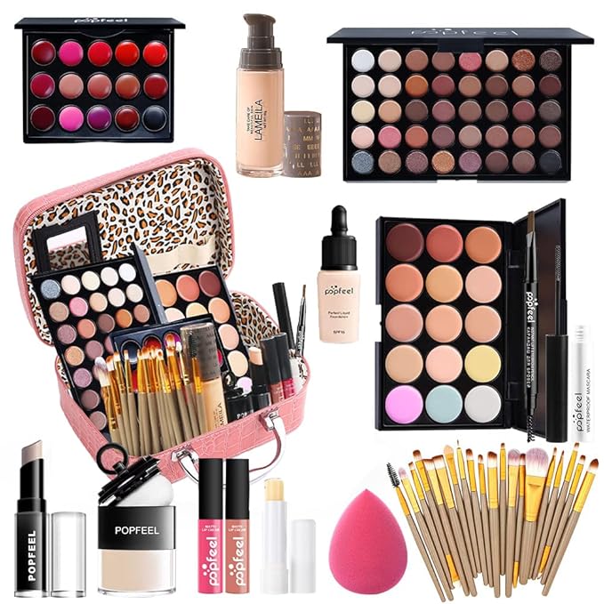 All in one makeup kit for women full kit makeup set for girls teens Eyeshadow Palette, Lip Gloss, Lipstick, Foundation, Mascara, Eyebrow Pencil, Eyeliner, Contour Stick, Powder Puff, Makeup Brushes,-Velvo Beauty