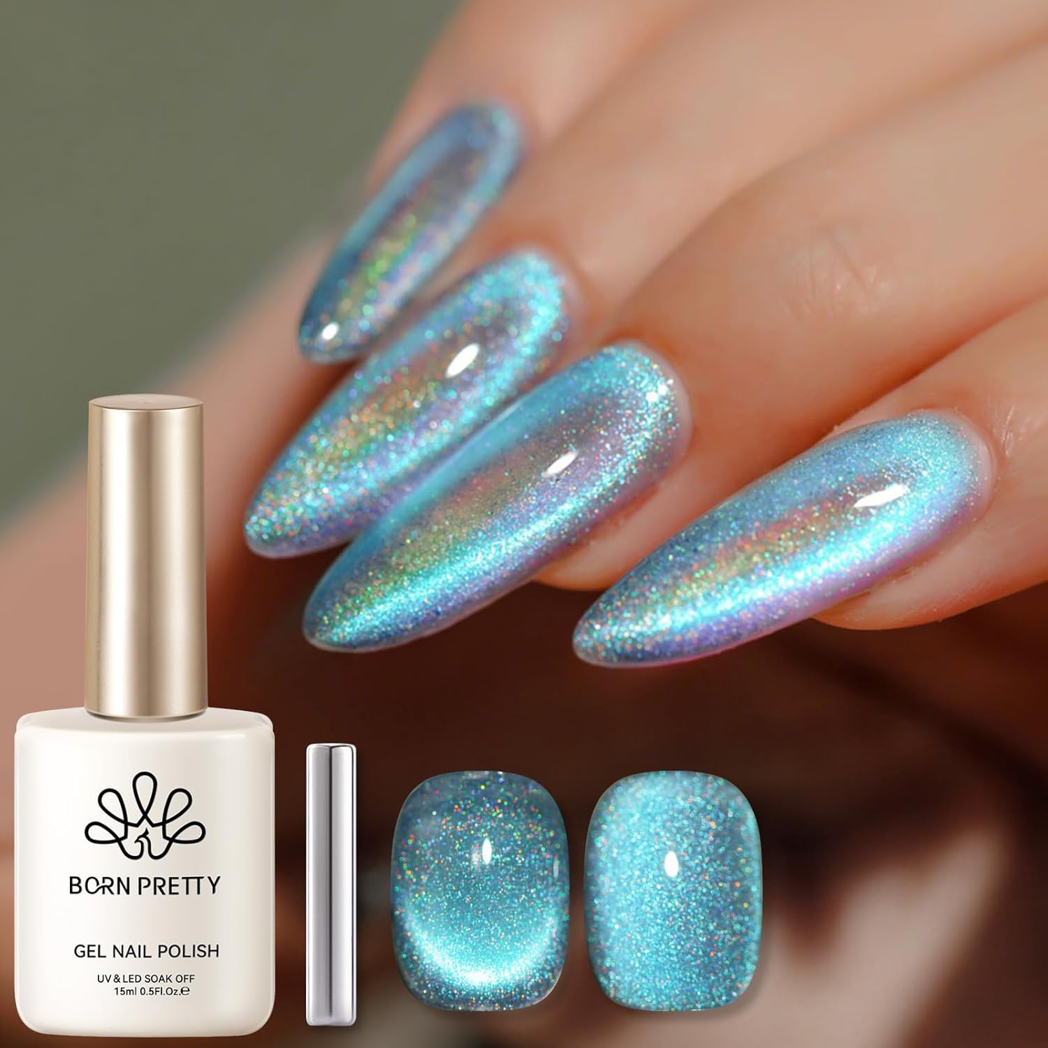 BORN PRETTY Blue Cat Magnetic Eye Gel Nail Polish, Rainbow Holographic Moonlight Glass Magnetic Gel Nail Polish 15ML-Velvo Beauty