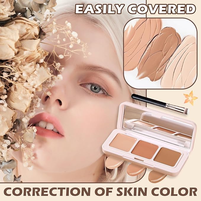 3 Colors Correcting Concealer Palette,Full Coverage Cream Contour Palette,Professional Contouring Foundation Long Wear Highlighting Concealer Contour Cream Makeup Palette with Brush-Velvo Beauty
