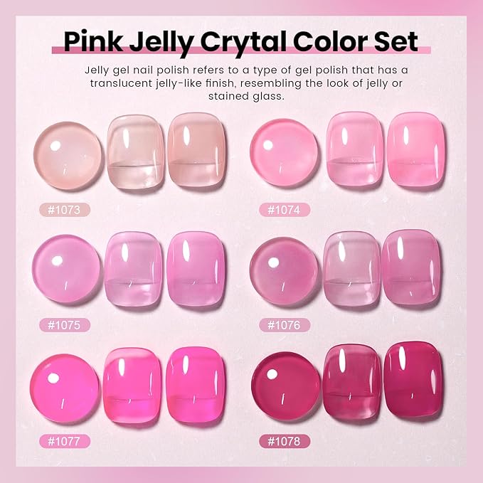 RARJSM Nude Pink Jelly Gel Nail Polish Set 6pcs Clear Crytal Stained Glass Purple Pink Series Transparent Sheer Amber Milky Gel Varnish LED UV Curing Requires Soak off French Manicure Home Salon-Velvo Beauty