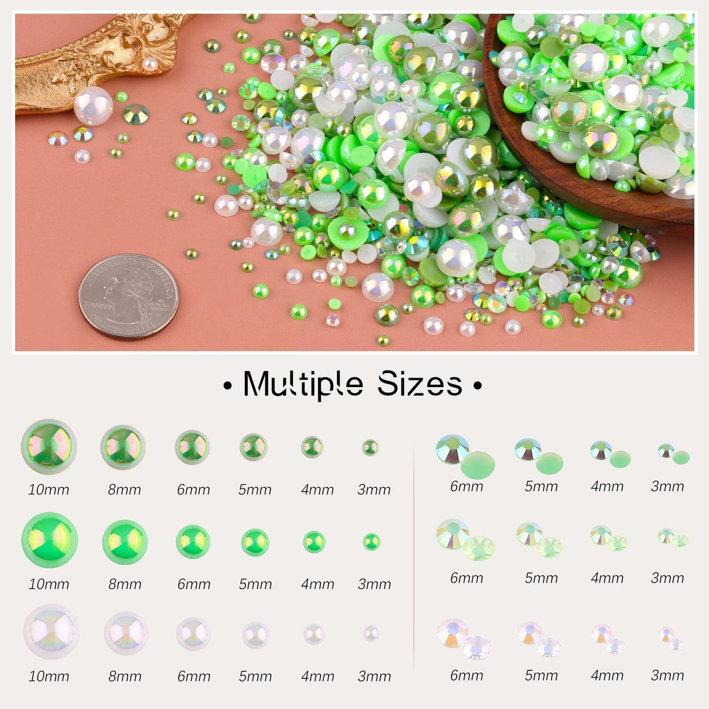 80g Flatback Pearls and Rhinestones for Crafting, Green 3-10mm Resin Rhinestones and Half Pearls for Bedazzling, Nail Art and Dec with 3pcs 10ml B7000 Jewelry Glue, Tweezer and Pickup Pencil-Velvo Beauty