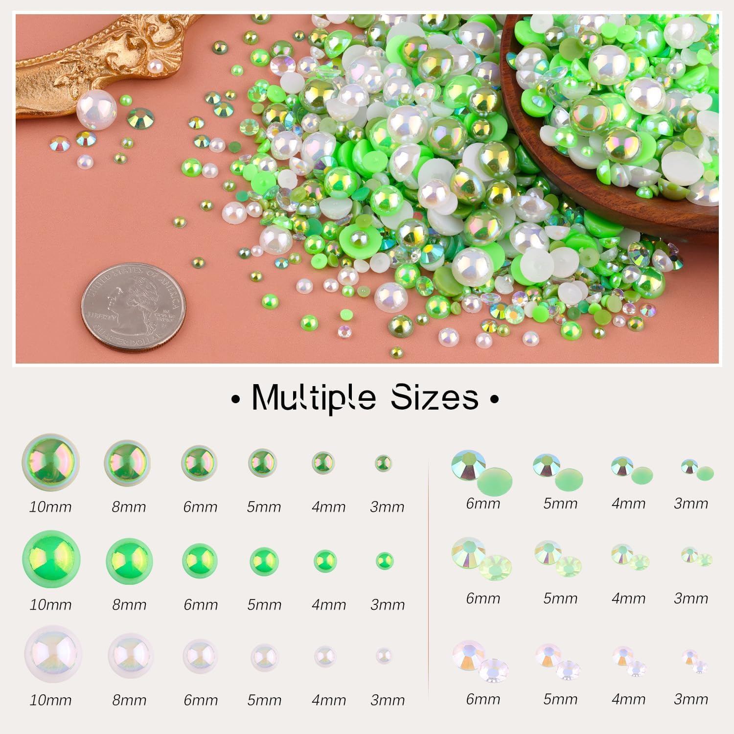 80g Flatback Pearls and Rhinestones for Crafting, Green 3-10mm Resin Rhinestones and Half Pearls for Bedazzling, Nail Art and Dec with 3pcs 10ml B7000 Jewelry Glue, Tweezer and Pickup Pencil-Velvo Beauty