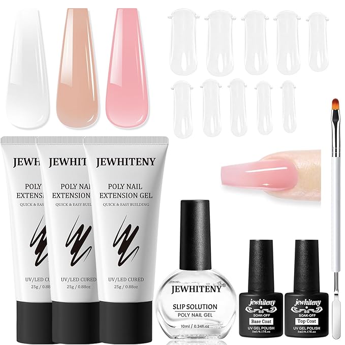 JEWHITENY Poly Extension Gel Nail Set Clear Pink Poly Nail Gel With Slip Solution Base Coat Top Coat French Manicure Need U V Lamp Curing for Finger Art and Home DIY-Velvo Beauty