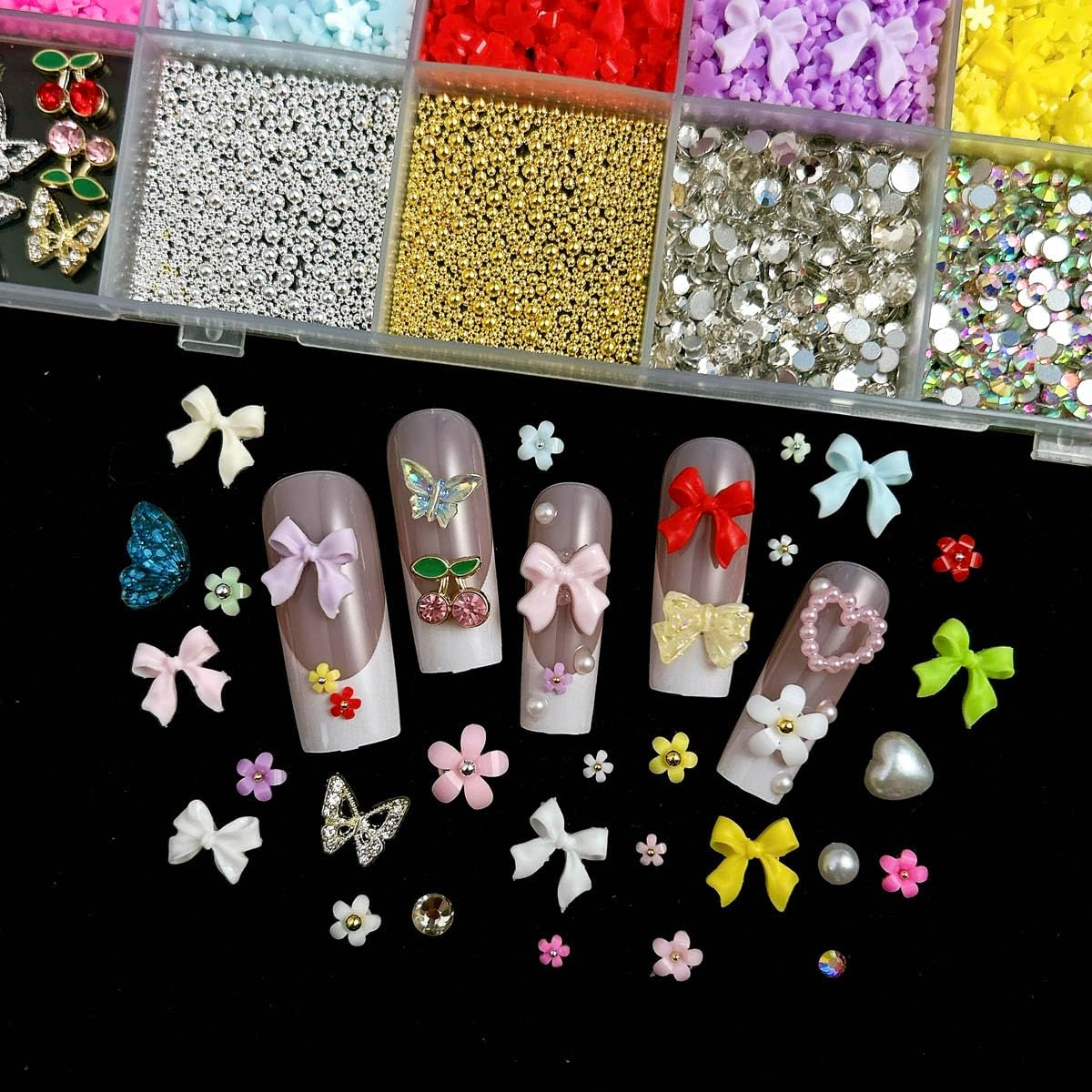 3D Colorful Flower Nail Charms, Flatback Pearl Bow Nail Charms and Gems, Alloy Cherry Butterfly Charms for Nails Design, Gold Caviar Beads Nail Rhinestones Manicure Charms for Practical DIY Tools-Velvo Beauty