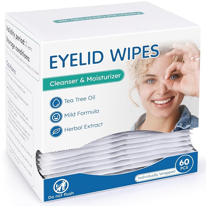 60-Count Eyelid Cleansing Wipes for Dry Eye & Blepharitis, tea tree oil Pre-Moistened Hypoallergenic EyeWipes for Sensitive Itchy Eyes, Individually Wrapped Eyelid Wipes Travel Essentials-Velvo Beauty