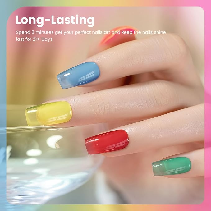 RARJSM Colorful Stained Glass Gel Nail Polish Set 6pcs Clear Crytal Blue Green Yellow Orange Red Neon Pink Series Transparent Sheer Amber Milky Gel Varnish LED UV Curing Requires French Manicure-Velvo Beauty