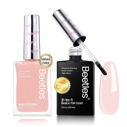Beetles Sheer Light Nude Pink Nail Polish With 2 in 1 Base & Top Coat Set, Fast Drying & Nail Strengthen, Nail Lacquer Peach Liqueur, No UV Lamp Needed Nail Art Gifts for Women-Velvo Beauty