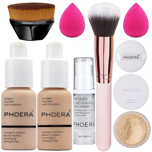 Makeup Kit for Women Included 2 Phoera Foundation SPF 20+ 30ml Matte Oil Control, 2 Kabuki Makeup Brushes, Phoera Primer, Powder Foundation, 2 Makeup Sponges (101 Porcelain + 102 Nude)-Velvo Beauty