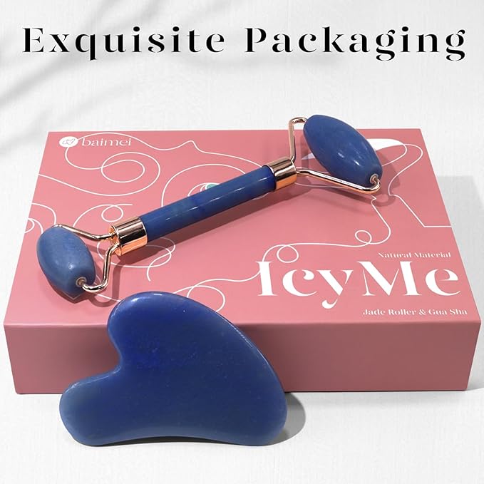 BAIMEI Jade Roller & Gua Sha, Face Roller, Facial Beauty Roller Skin Care Tools, Self Care Gift for Men Women, Massager for Face, Eyes, Neck, Relieve Fine Lines and Wrinkles - Blue-Velvo Beauty
