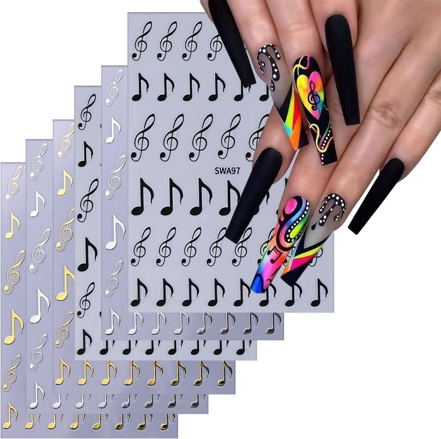 6 Sheets Musical Symbols Nail Art Stickers 3D Self-Adhesive Nails Sticker Music Notation Nails Art Decals Holographic Music Decal Decoration for Women Silver Black Manicure Stickers DIY Nail Supplies-Velvo Beauty