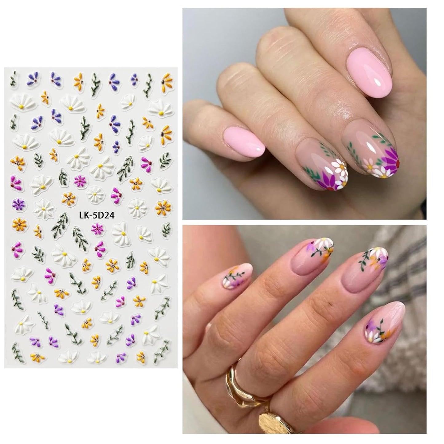 Flower Nail Art Stickers 5D Embossed Flower Nail Decals Spring Summer Pink Flowers Nails Design 3D Self-Adhesive Accessories for Women Nails DIY Decoration(6 Sheets)-Velvo Beauty