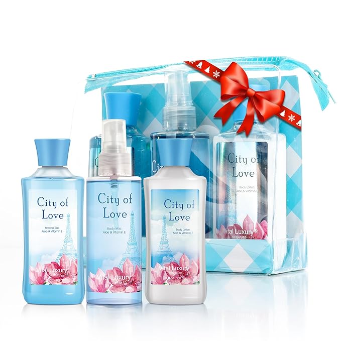 Bath & Body Care Travel Set - Home Spa Set with Body Lotion, Shower Gel and Fragrance Mist, Valentines Day Gifts for Her and Him(City of Love)-Velvo Beauty