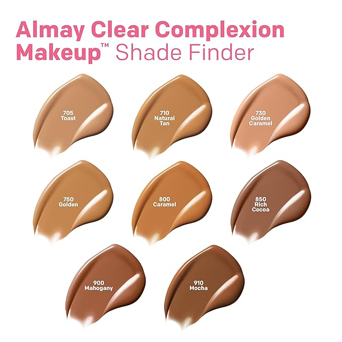 Almay Clear Complexion Acne Foundation Makeup with Salicylic Acid - Lightweight, Medium Coverage, Hypoallergenic, Fragrance-Free, for Sensitive Skin, 730 Golden Caramel, 1 fl oz.-Velvo Beauty