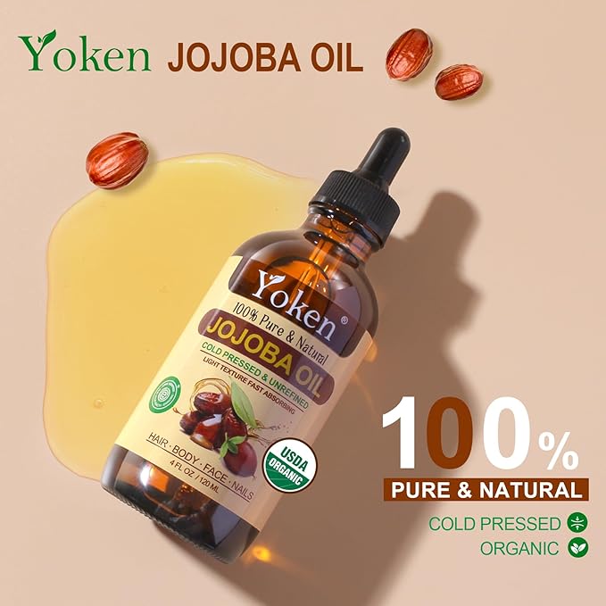 Yoken Jojoba Oil 4 fl oz EWG Verified 100% Pure Jojoba Oil Cold Pressed for Skin, Hair, Nails, Cuticles - Unrefined & Hexane Free, Natural Moisturizer Carrier oils Facial Serum for Gua Sha-Velvo Beauty