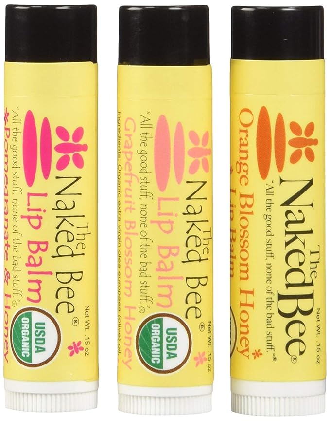 The Naked Bee Lip Balm in Orange Blossom Honey, Grapefruit Blossom Honey, and Pomegranate & Honey, 0.15 oz, 3 Pack-Velvo Beauty