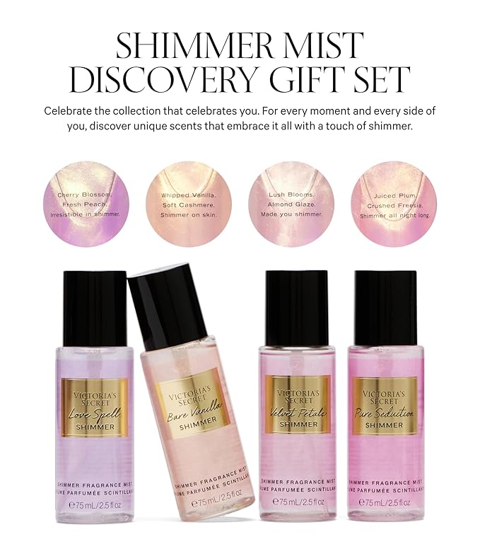 Victoria's Secret Fragrance Mist Collection 4 Piece Shimmer Mini Gift Set, Assorted Scents-Velvo Beauty
