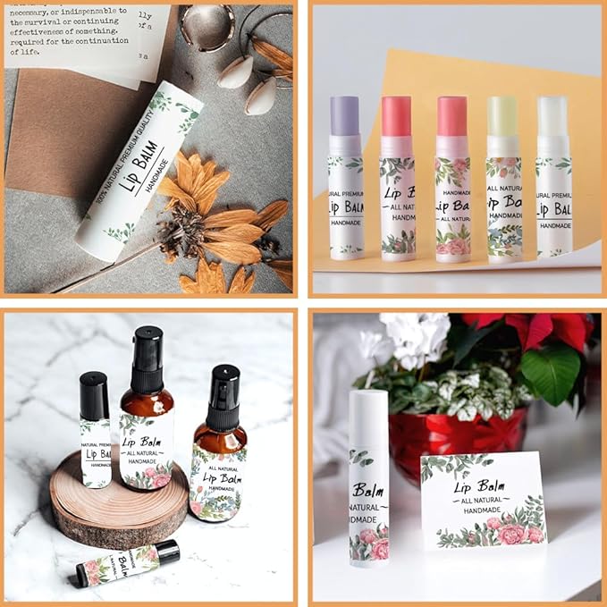 OLYCRAFT 100Pcs 4 Style Lip Balm Label Sticker Flower Pattern Labels Stickers Adhesive Lip Balm Label Sticker Plastic Lipstick Tag Stickers for Lip Balm Container Tubes 1.7x2.1 inch-Velvo Beauty