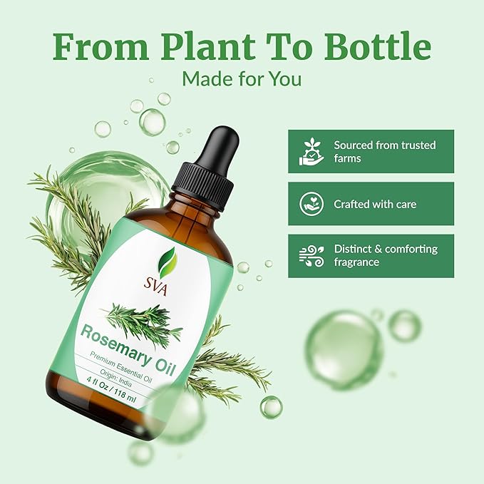 SVA Rosemary Essential Oil – 4 Fl Oz – 100% Natural Rosemary Oil for Hair, Face, Skin Care, Diffuser, Aromatherapy, Scalp, Body Massage, Soap and Candle Making – with Dropper-Velvo Beauty
