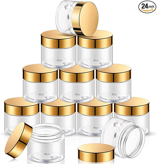 SATINIOR 24 Pieces Empty Clear Plastic Jars with Lids Round Storage Containers Wide Mouth for Beauty Product Cosmetic Cream Lotion Liquid Butter Craft and Food(Gold Lid,6 oz)-Velvo Beauty