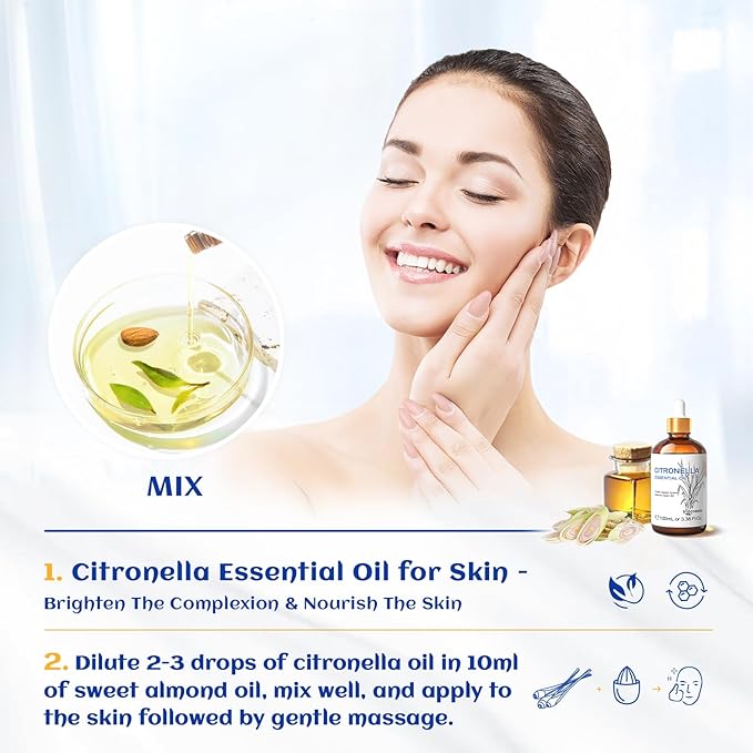 HIQILI 100ML Citronella Oil for Homemade Sprays, Add to Diffuser, 100% Pure and Natural Undiluted 3.38 Fl Oz-Velvo Beauty