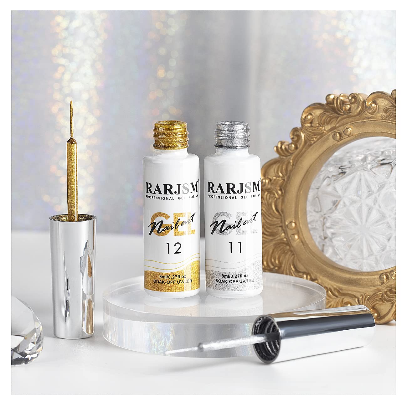 RARJSM Gel Liner Nail Art Silver Gold Glitter Nail Design Polish Painted Gel Nail Polish Set 2Pcs Soak off Curing Requires 8ml Build in Thin Brush for Home Salon Diy Nail Decoration Dotting Painting-Velvo Beauty