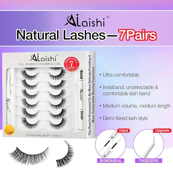 Wispy False Eyelashes Kit With Bond, Seal and Tweezer, 7 Pairs Natural Look Fake Cat Eye Lashes Strips Thin Band Extensions Waterproof Easy Eyelashes for Beginners RQ45-Velvo Beauty