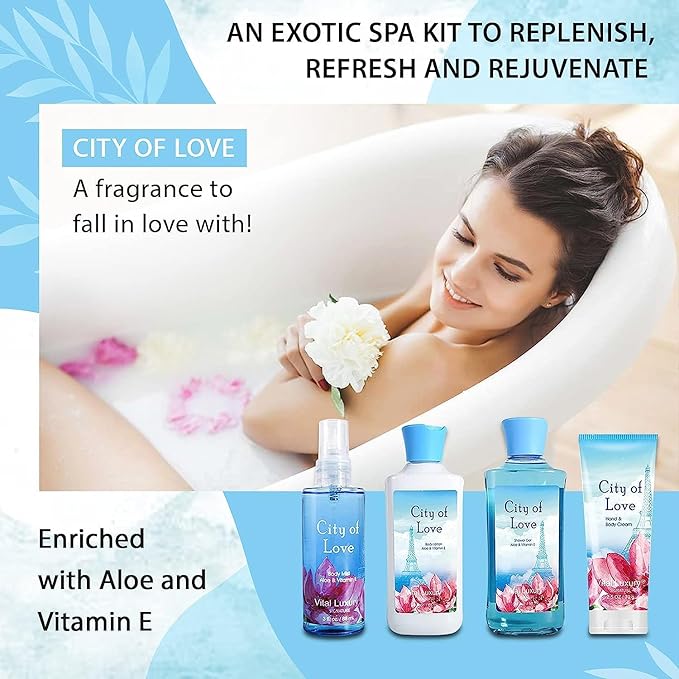 Bath & Body Kit - Body Lotion, Shower Gel, Body Cream, and Fragrance Mist, 3 Fl Oz each, in City of Love, Ideal Skincare Gift Home Spa Set for luxurious indulgence-Velvo Beauty