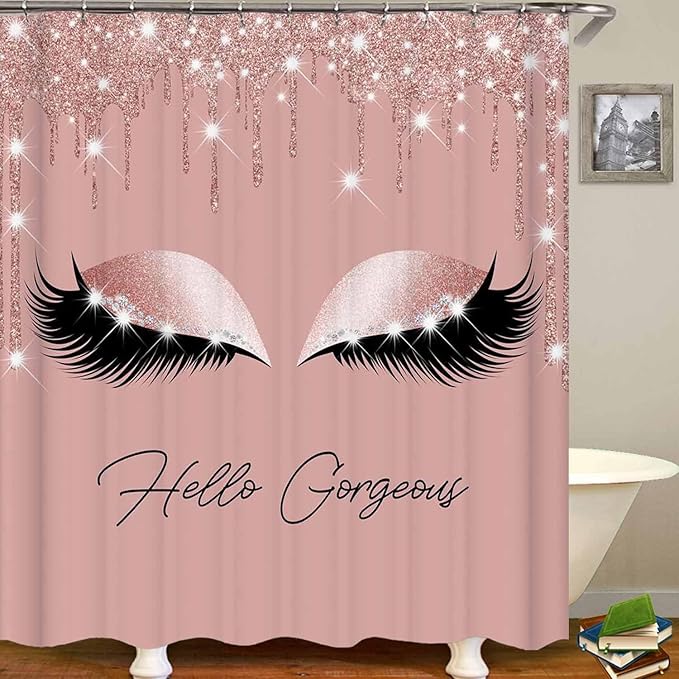 4PCS Hello Gorgeous Shower Curtain Set, Eyelash Makeup Glam Fashion Girly Pink Bathroom Decor for Women Girls, Waterproof Fabric Shower Curtain, Non-Slip Bath Mat Toilet Rug, Rose Gold Glitter-Velvo Beauty