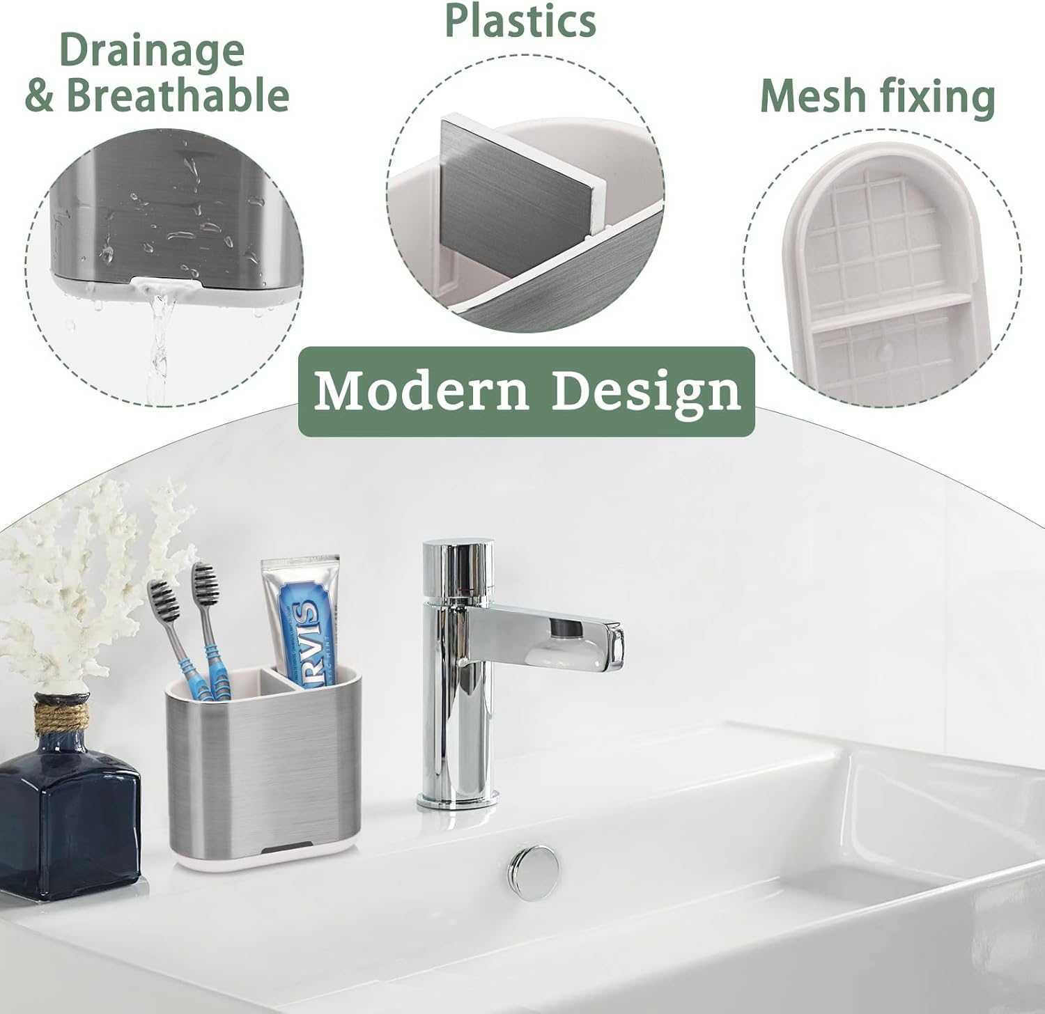 Toothbrush and Toothpaste Holder with Divider for Bathroom Countertop Organizer, 2 Slots Electric Toothbrush Holders Storage Caddy Drainage for Family, Kids (Brushed Silver)-Velvo Beauty