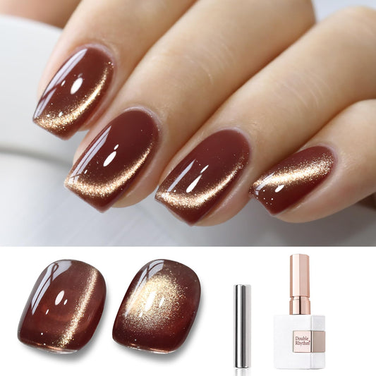 Double Rhythm 15ML Ice Glass Cat Eye Gel Polish with Magnet Holographic Glitter Shimmer Translucent Sheer Color Salon Soak Off Magnetic Nail at Home (Coffee Brown-MC1126)-Velvo Beauty