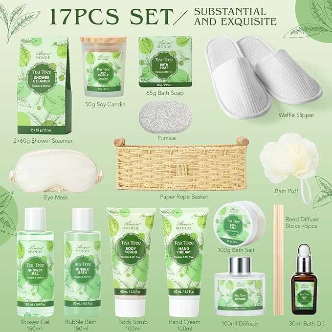 Spa Gift Basket - Tea Tree Bath Set With Shower Gel, Bubble Bath, Hand Cream, Soap, Salt, Essential Oil - Luxury Body Gift Kit for Women-Velvo Beauty