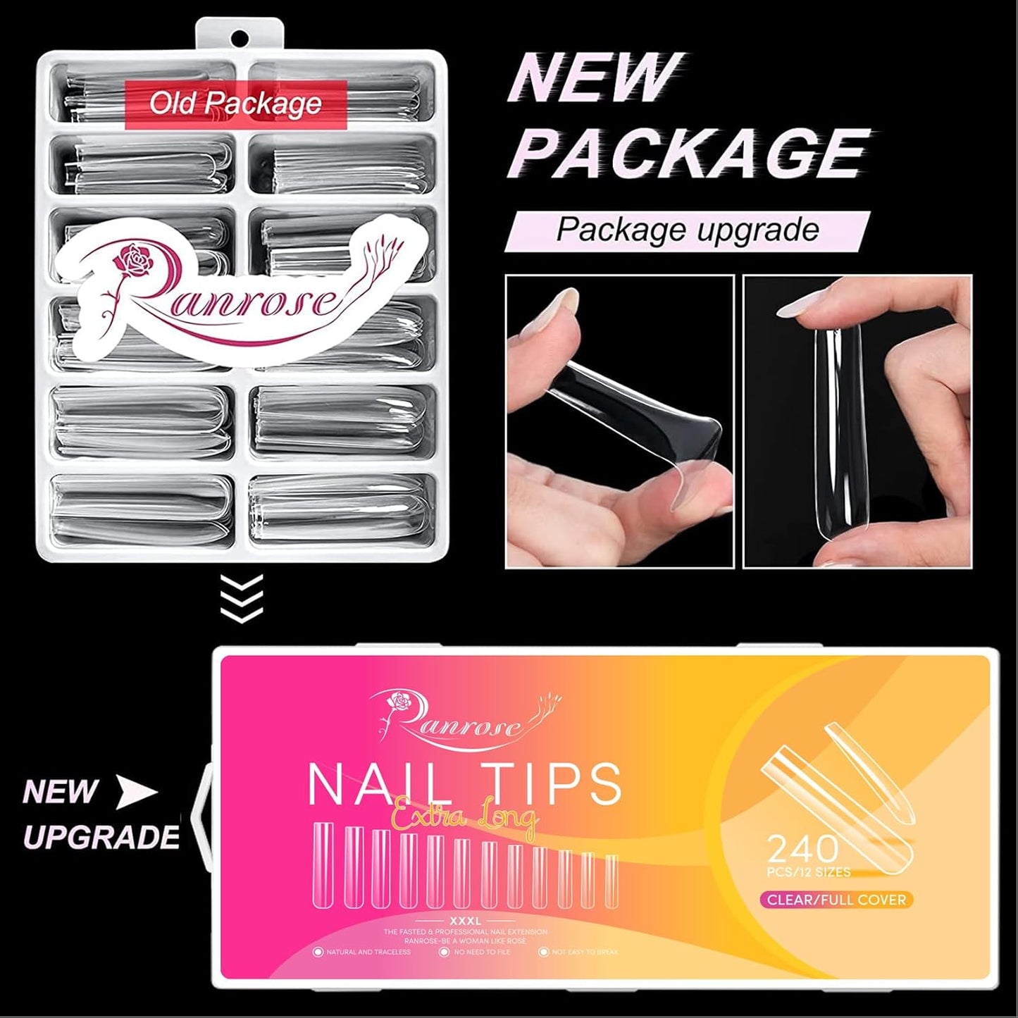 Ranrose Extra Long Nail Tips,240PCS XXXL Square Acrylic Tips Full Cover Clear Straight Tapered-Velvo Beauty